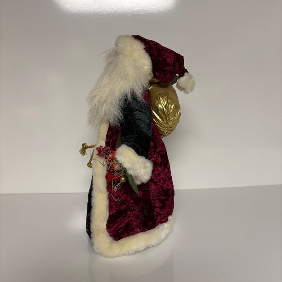 Santa Claus Figurine 16" Red Green Velvet Coat Faux Fur Trim Gold Sack Holiday - Picture 5 of 9